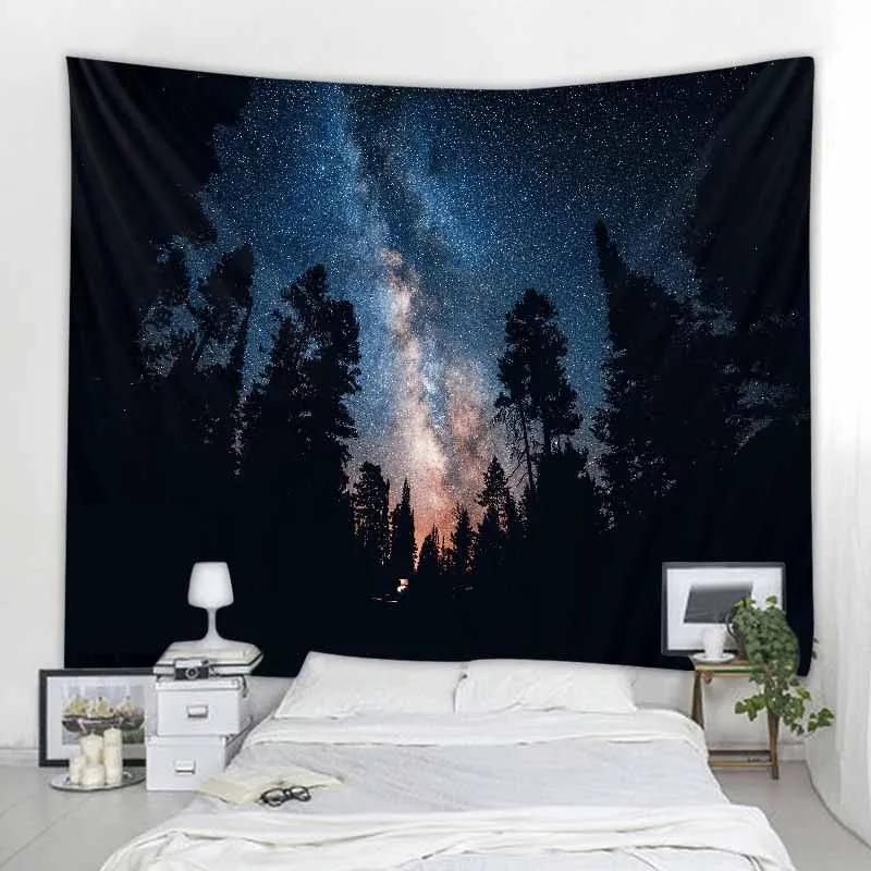Home Room Art Background Decoration Starry Forest Tapestry Moonlight Night Psychedelic Bohemian Decorative Wall Hanging