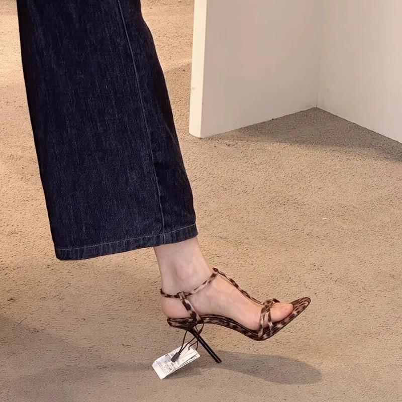 2024Leopard Print Ankle Strap Women's Sandals Summer Fashion Sexy Stiletto Heel Gladiator Sandals Narrow Strap Party Dress Pumps