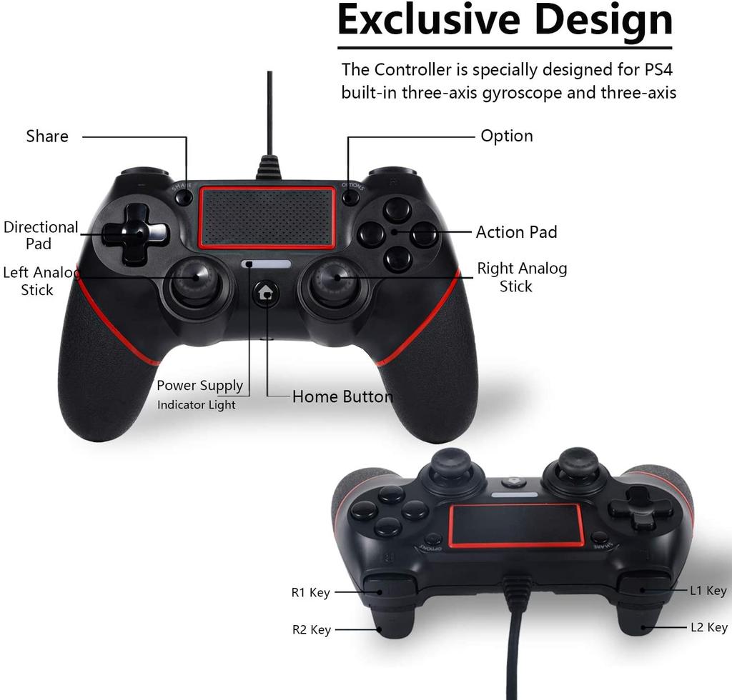 Kabelgebundener PS4 Controller, PlayStation 4 Dual Vibration Shock Joystick Gamepad für PS4/PS4 Slim/PS4 Pro und PC (Schwarz Rot)