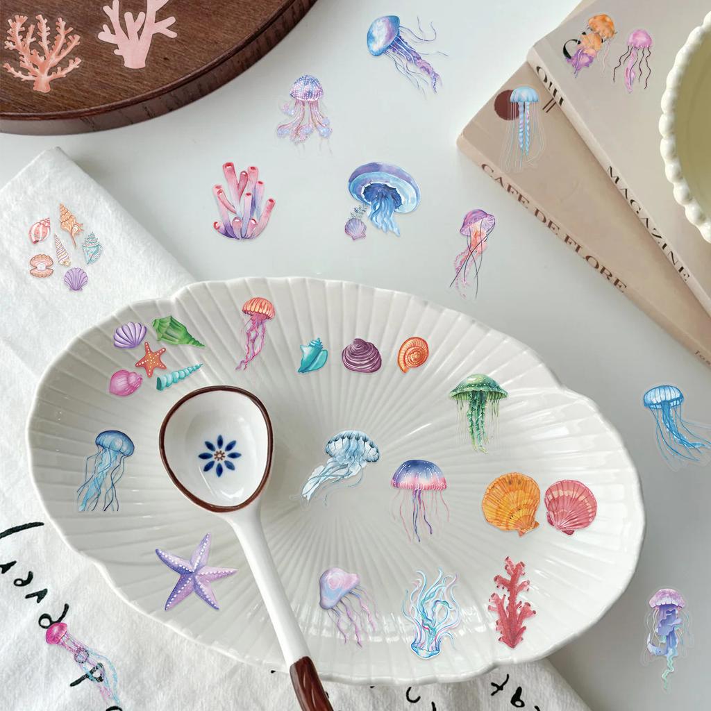 50pcs Tropical Fish Graffiti Stickers Jellyfish Sea Star Shell Coral Decorative Frame DIY Waterproof Decals