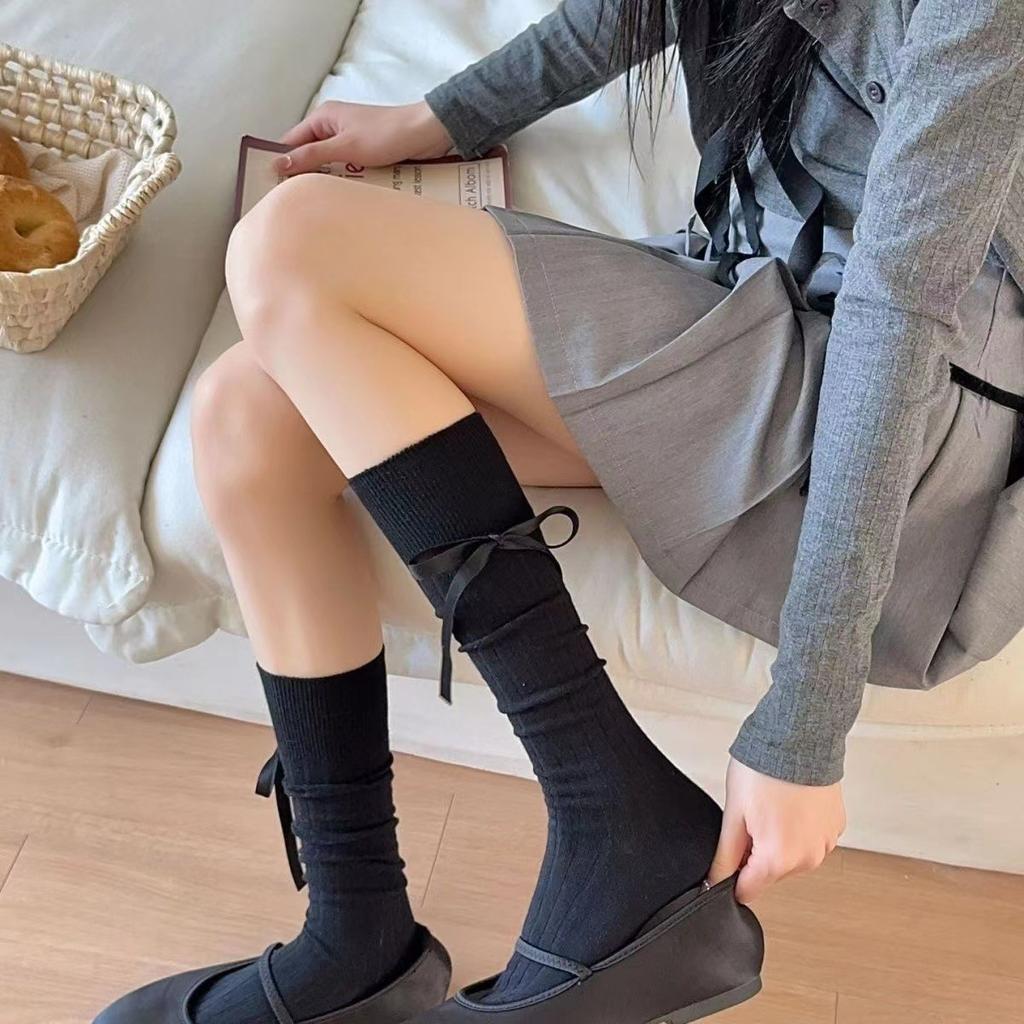 Ladies' Sweet and Versatile Spring and Summer Tied Bow Solid Color Calf Puffy Socks