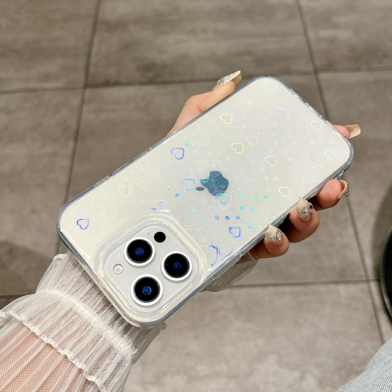 Luxury Gradient Laser Love Heart Leaf Pattern Case For iPhone 16 15 14 13 11 12 Pro Max XS XR 7 8 Plus SE Clear Cover With Heart