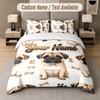 Set de așternut cu tematică Pug, cu text sau nume personalizat, 3 piese: 1 cearșaf plat și 2 fețe de pernă, Așternut de casă personalizat