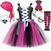 Niñas para Disfraces de Pirata Rosa Negro Capitán Pirata Vestido Tutú con Parche Ocular Pañuelo para la Cabeza Disfraces de Carnaval Halloween para Niños