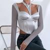 Streetový krátký sexy Y2K crop top pro ženy síťovaný patchwork halter s dlouhým rukávem halenka top pro ženy módní jednobarevný elegantní slim fit dámské tričko 24431