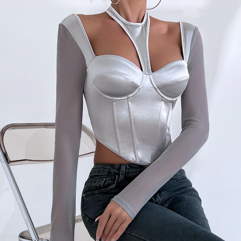 Streetový krátký sexy Y2K crop top pro ženy síťovaný patchwork halter s dlouhým rukávem halenka top pro ženy módní jednobarevný elegantní slim fit dámské tričko 24431