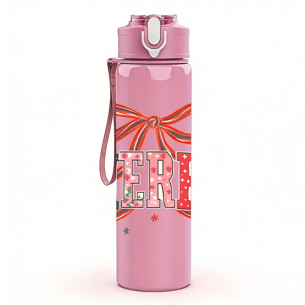 1PC Merry Red Bow Letter Print 750ml Color Plastic Sports Water Bottle Leakproof Flip Straw Lid Suitable for Sports Office Home Use