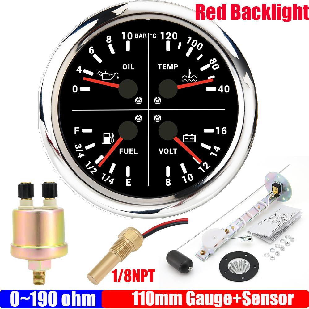 ZMFJH 110mm Gauge with Sensor Warning Red LED 4IN1 Multi-Meter Red LED Oil Pressure Gauge+Water Temp+Fuel Level Gauge+Volt 12V