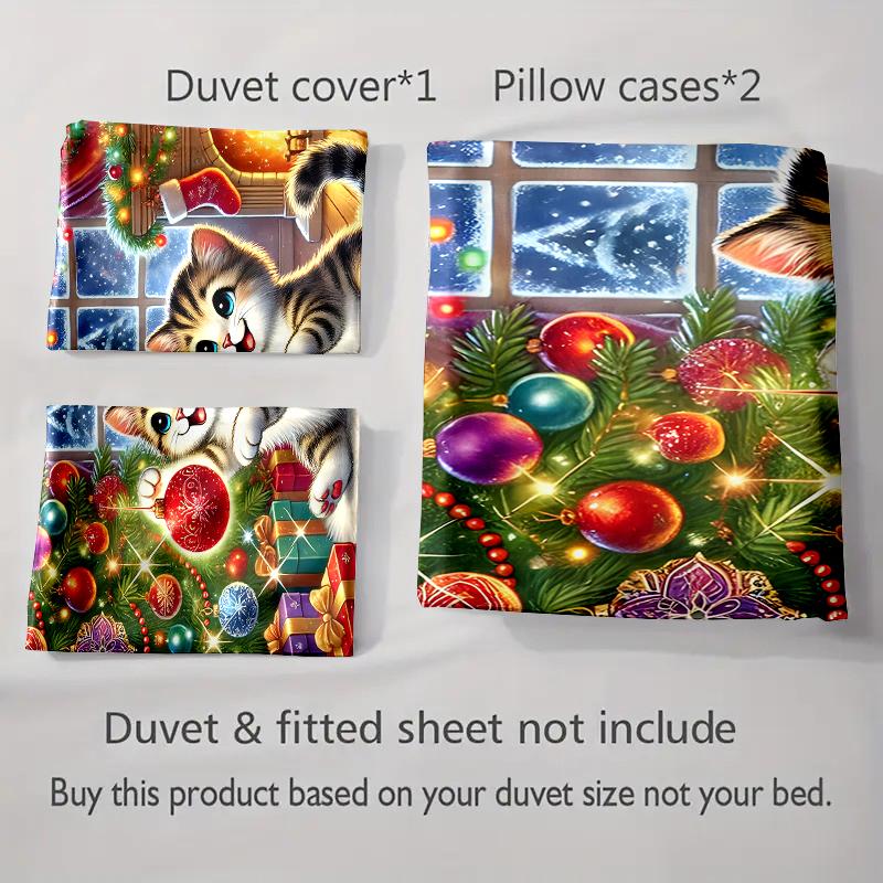 Festive kitten scene Bedding Duvet cover sets Duvet covers Pillowcases gifts (1 * Duvet Cover 2 * Pillowcases, without duvet insert)