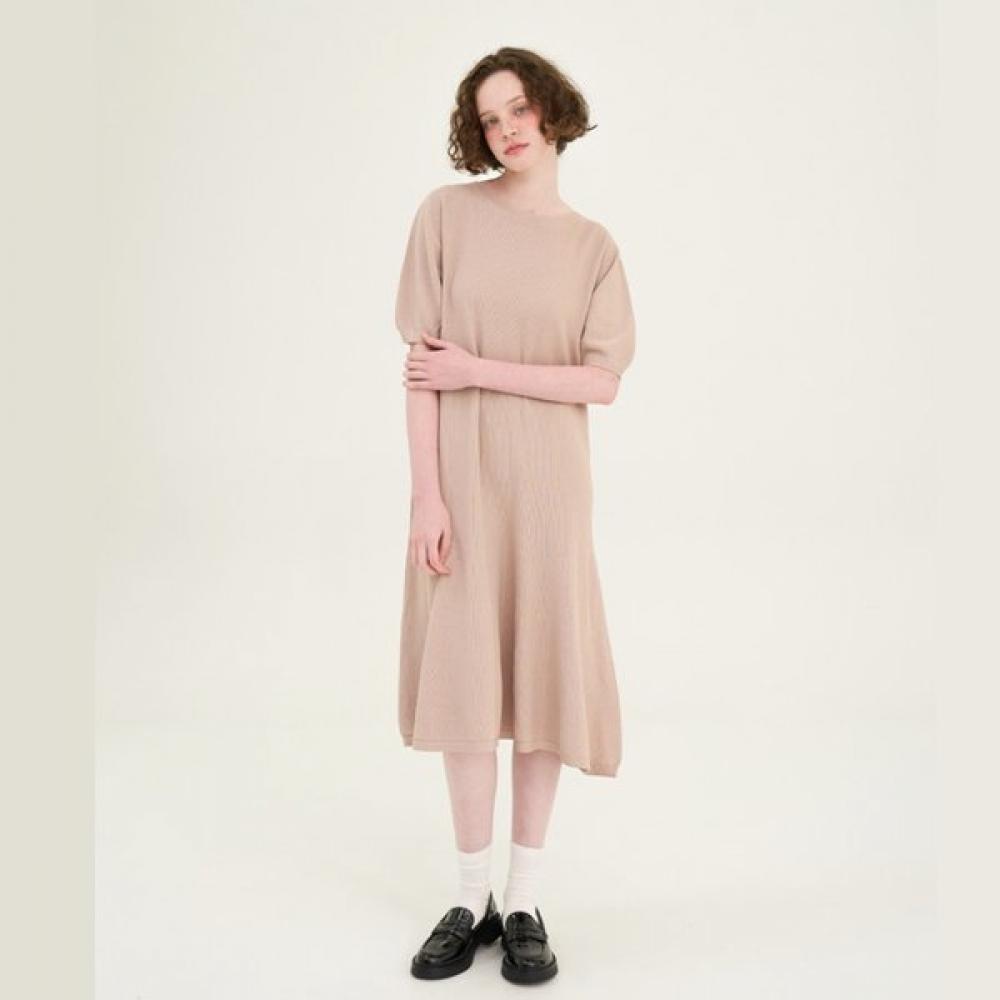 Air Knit Volume Sleeve Hem Flare Dress Aewsd0310 light beige/FREE