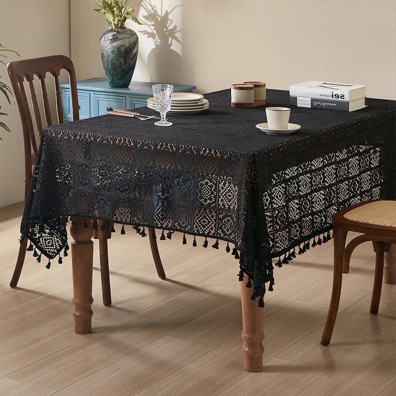 American Retro Style Tablecloth Premium Rectangular Tassel Table Mat Photo Background Cloth Knitted Hollow Atmosphere Dustproof Decorative Fabric