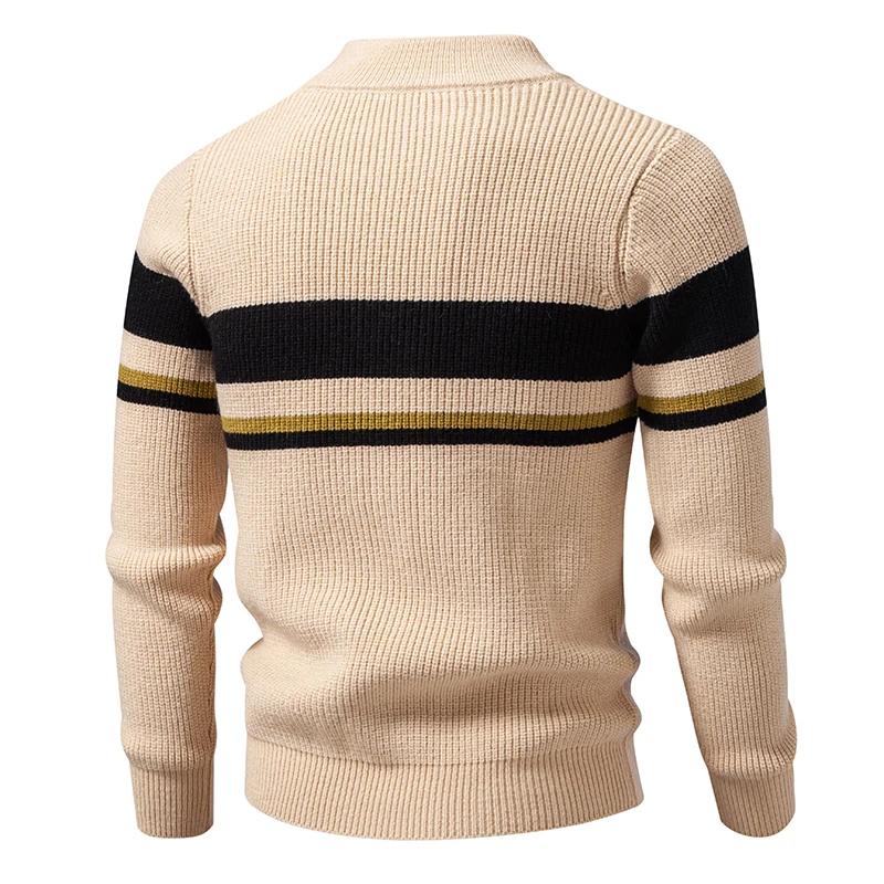 Triped Sweater Men Fashion Patchwork Knitted Pullovers Mens Stand Collar Half Zipper Knit Sweater Warm Pullover Tops