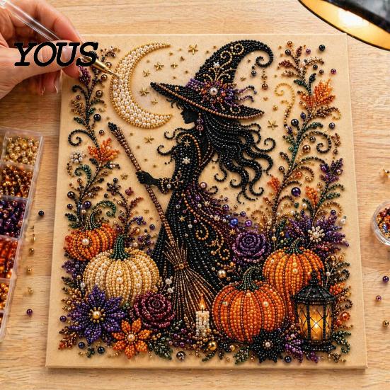 Rękodzieło Mozaikowe DIY dla Dorosłych Halloweenowy Zestaw Artystyczny z Sztucznymi Perłami, Strasznie Urocze Rzemiosło Malowania Koralikami 3D, Relaksujące Sztuki Gotycki Duch Dynia Kot Wrona Ściana Dom