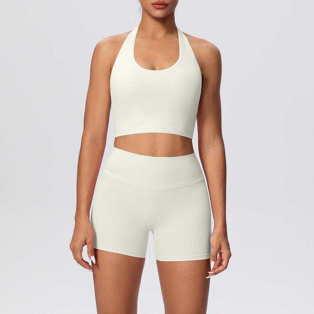 European & American Halter Sports Bra and High Waist Yoga Shorts Set for Women