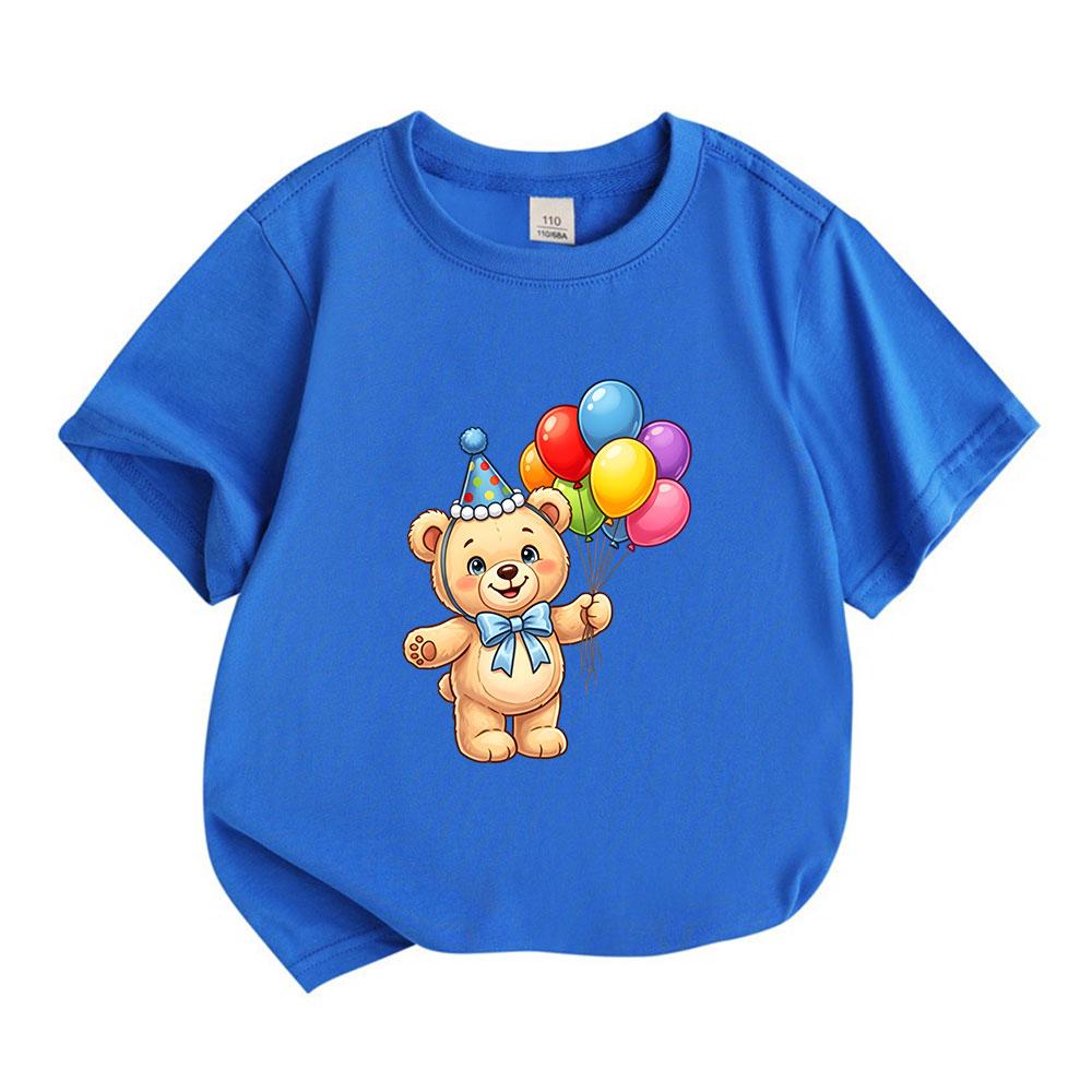 Kids Boys Girls 100% Cotton Crew Neck Short Sleeve T-Shirt Cute Birthday Teddy Bear With Colorful Party Balloons Print Casual Soft Tee Shirt For Daily