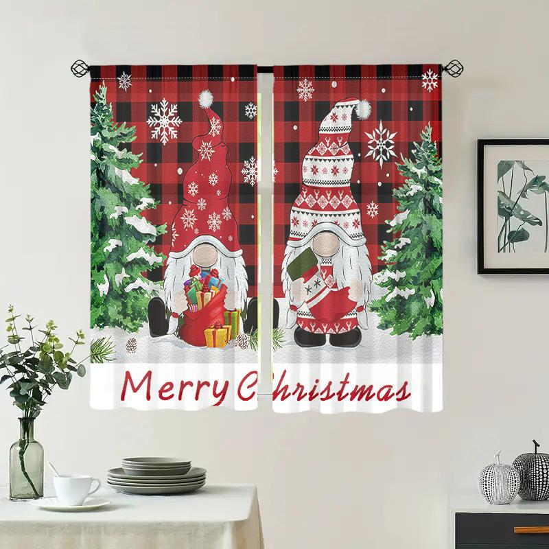 2 Pieces, Christmas Gnome Snowflake Grid Curtains -30% Blackout - Suitable for Living Room, Bedroom, Kitchen, Home Decoration