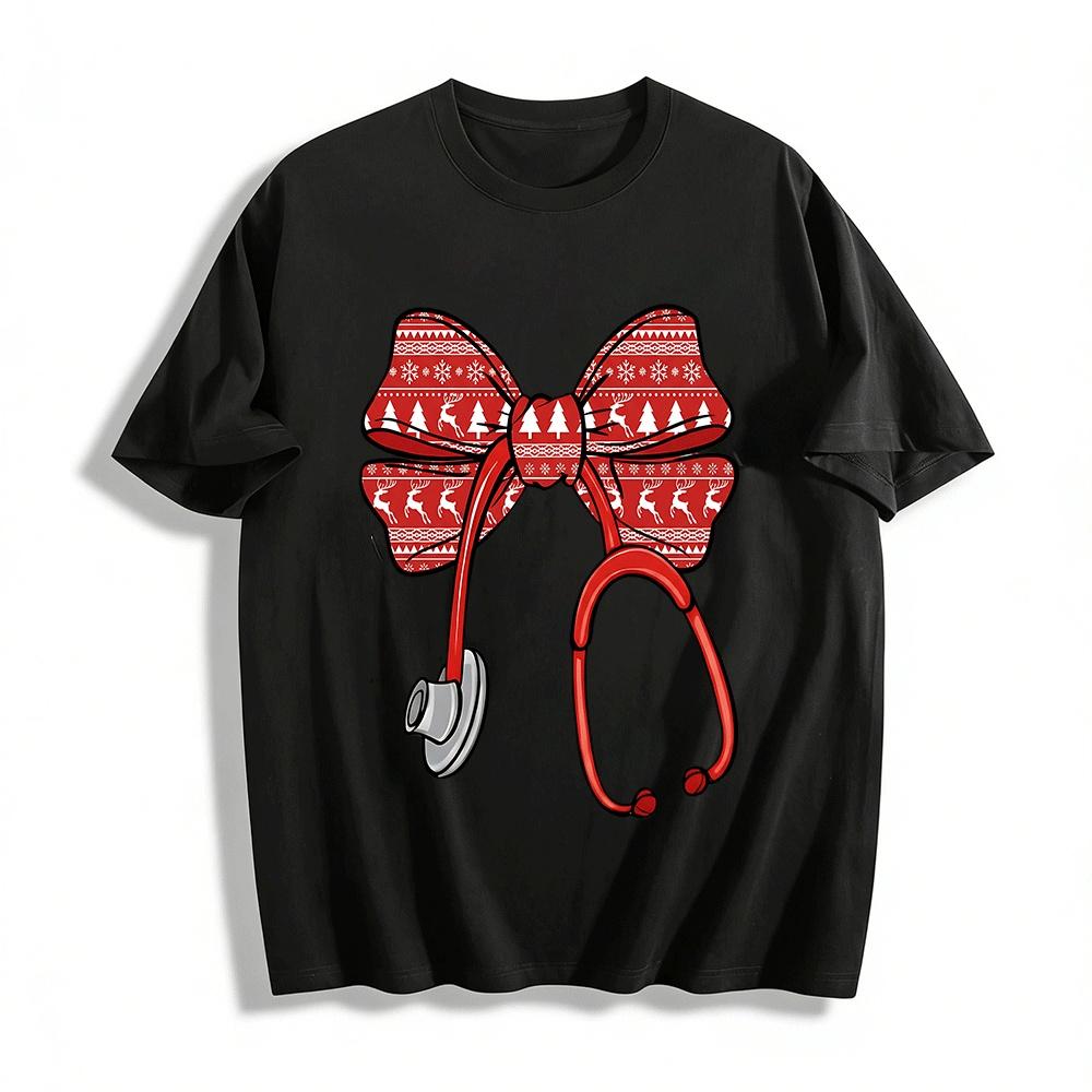 Christmas Stethoscope Bow Print Medical Themed Casual Top Pure cotton T-shirt XXS