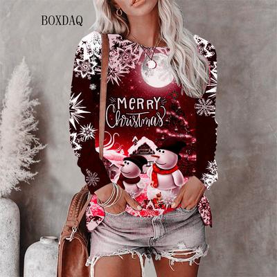 Estilo Natalino Mulheres Camisetas Outono Inverno Manga Longa 3D Natal Boneco de Neve Estampa Rua Hip Hop Senhoras Camisetas 6XL Tamanho Grande Tops