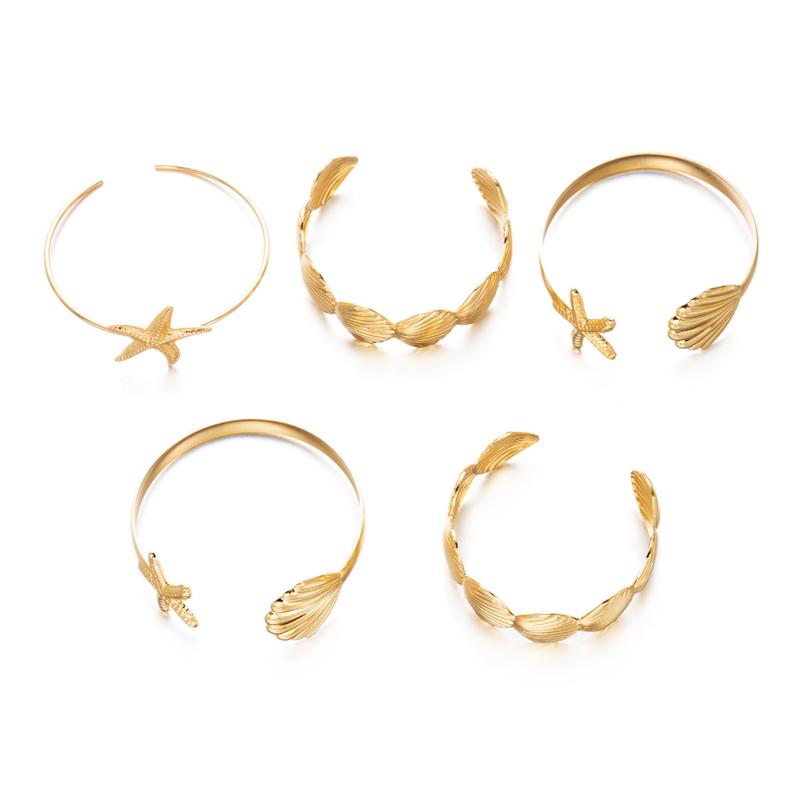 Summer Starfish Shell Open Cuff Bracelet 5-Piece Set Beach Vacation Style Accessory Fashion Vintage Daily Accessory