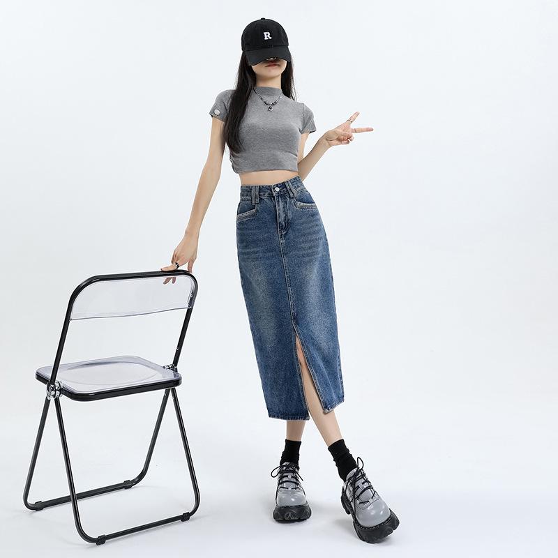 Plus Size High Waist Denim Midi Skirt - Summer Retro A-line Slit Design