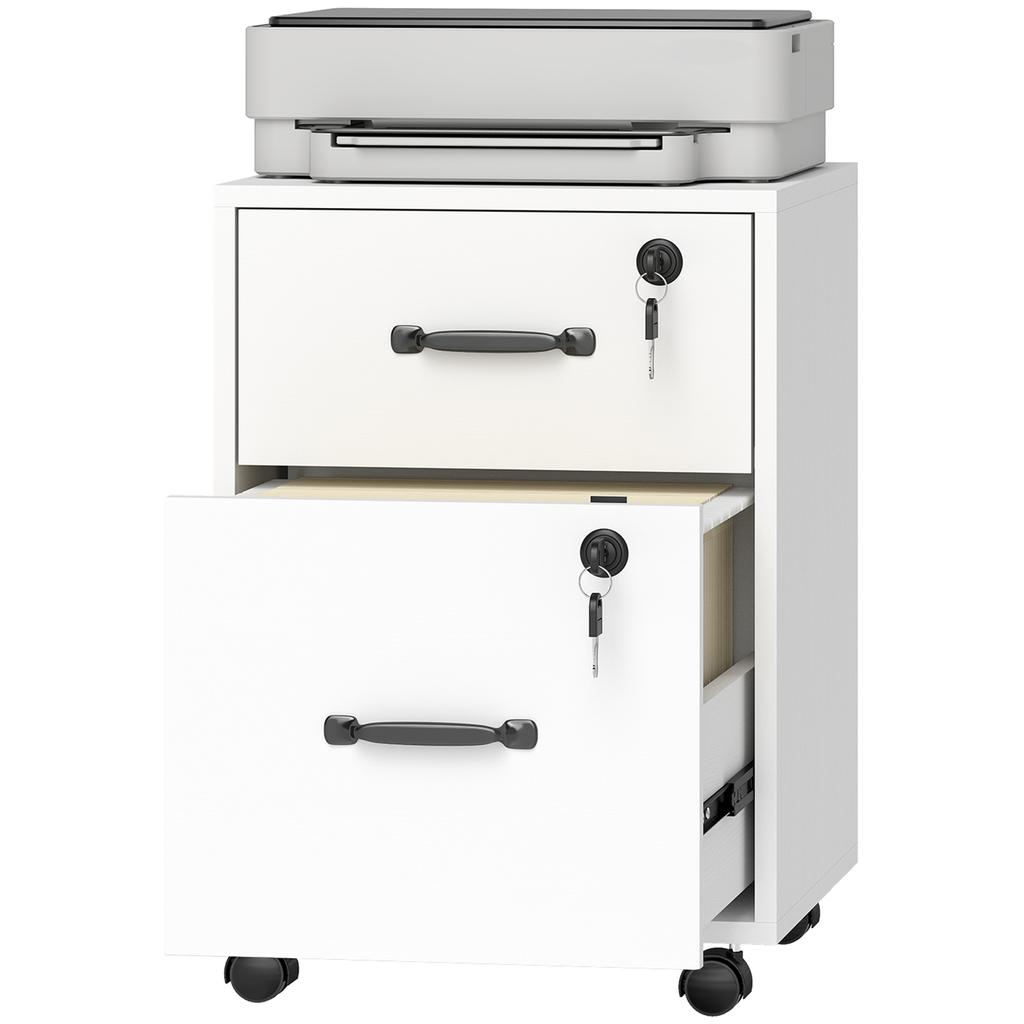 Mobile Office Pedestal, 2 Drawers, Casters, Hanging Letter-Size Documents, White
