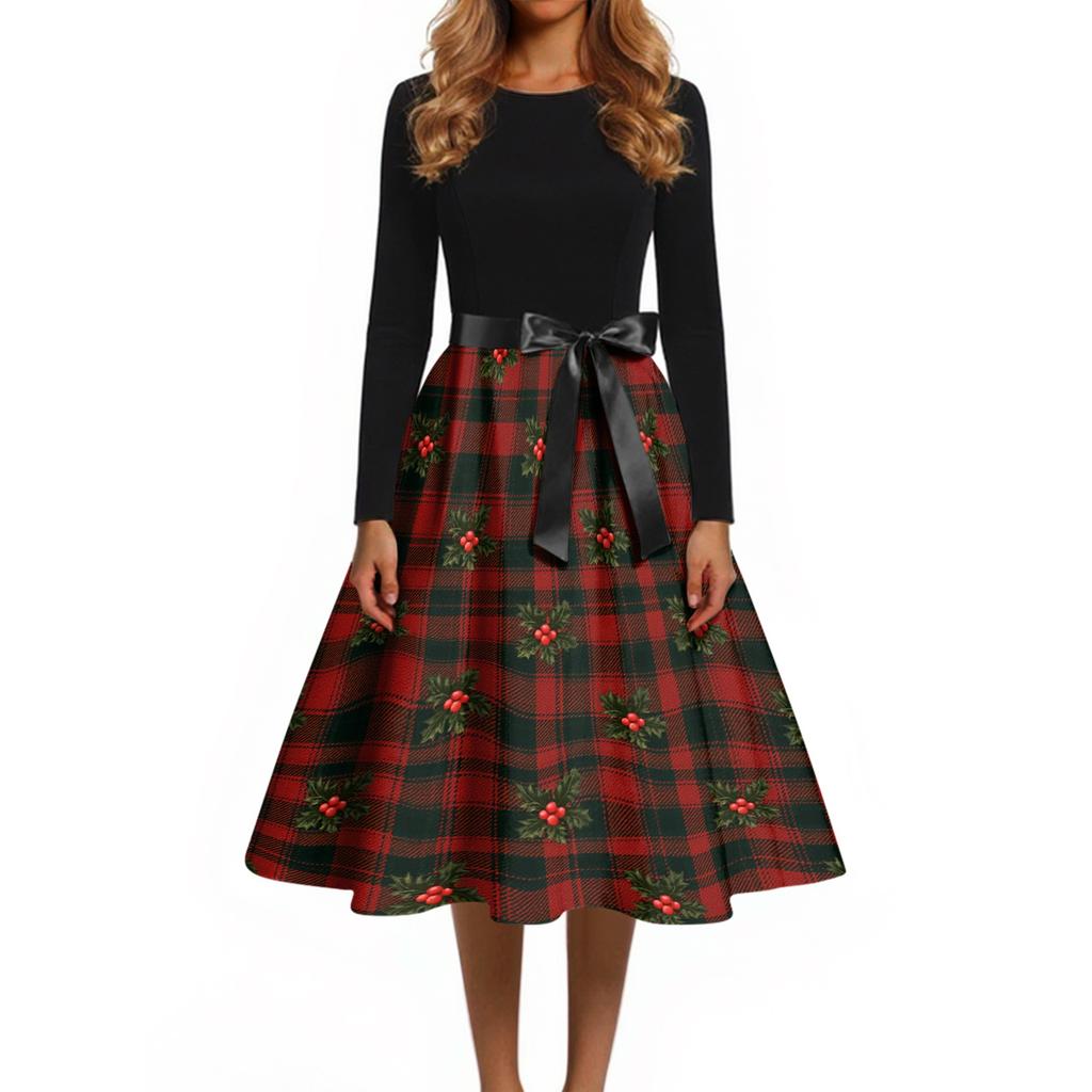 Women's Vintage V-Neck Christmas Print Casual Dress for Holiday Party