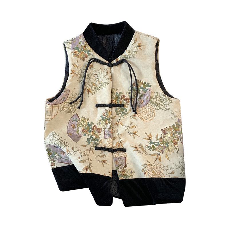 Retro Frog Button Jacquard Embroidery Vest for Middle-Aged Women - Spring/Autumn Styles