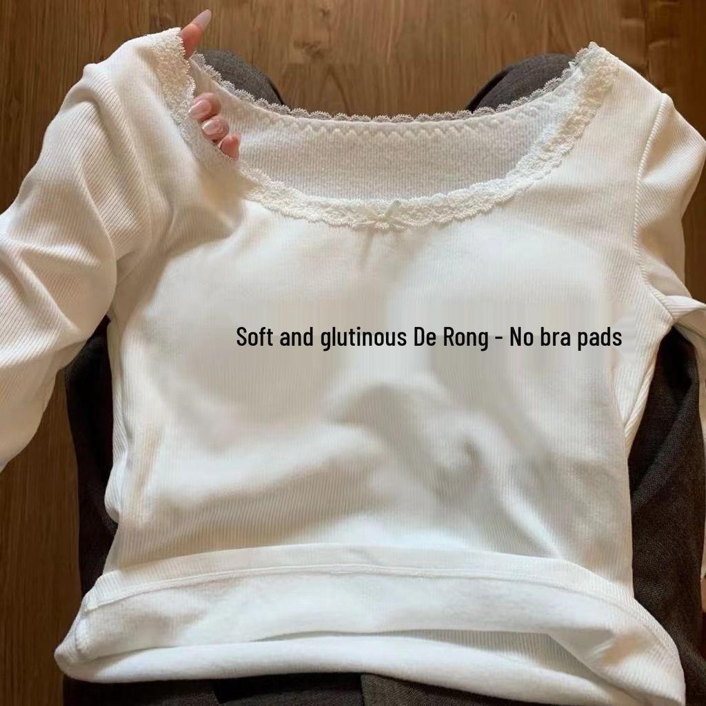 Petite Slim-Fit Women's Long-Sleeve White Lace T-shirt, Korean Style, Autumn/Winter, Gentle Inner Layer, Highlights Collarbone