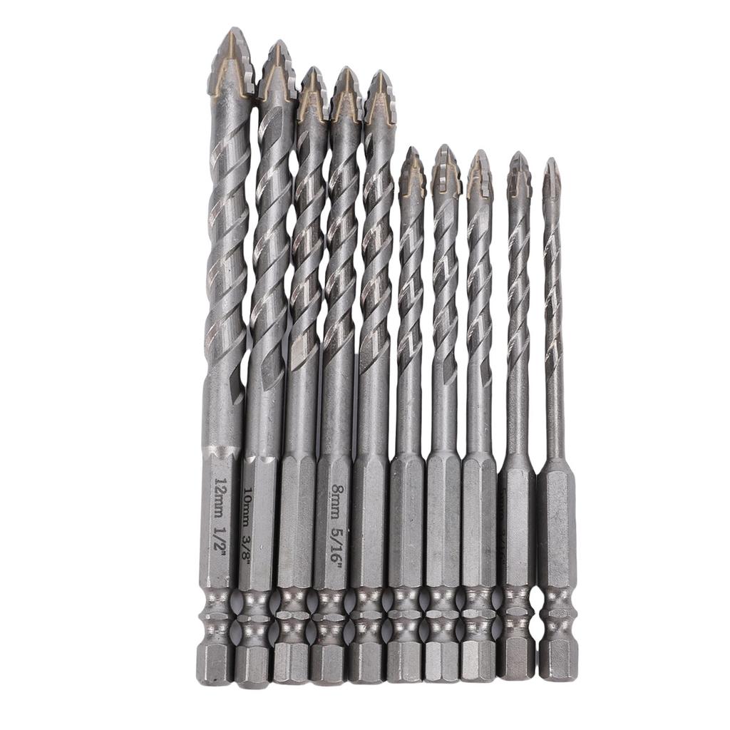 10 Pcs Serrated Drill Bit Set 1Celsius4 Inch Hex Shank 4-12mm Carbide Tip Masonry Concrete Drill Bits for Tile Glass Plastic Wood