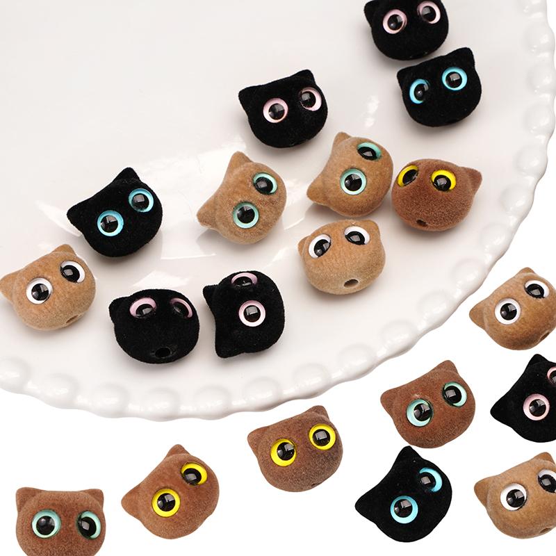 Resin Flocking Beads Cute Cat Head Beads for DIY Bracelet Earring Jewelry Making Accessories