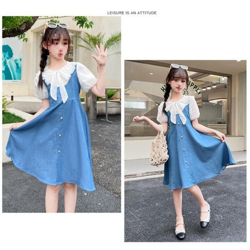 Mädchen Mode Kleid 2025 Sommer Kinder Casual Patchwork Gefälschte Zwei