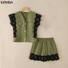 VONDA 2PCS Summer Women Sleeveless Lace Splicing Tank Tops and Shorts Pants Casual Sets