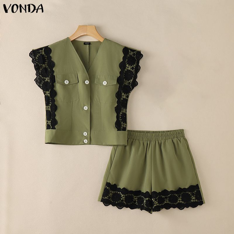 VONDA 2PCS Summer Women Sleeveless Lace Splicing Tank Tops and Shorts Pants Casual Sets