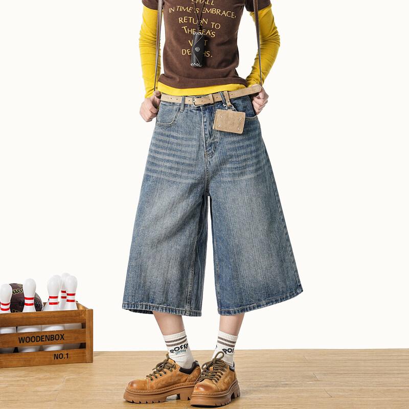 ICH MODE Women s Washed Wide-Leg Cropped Denim Pants