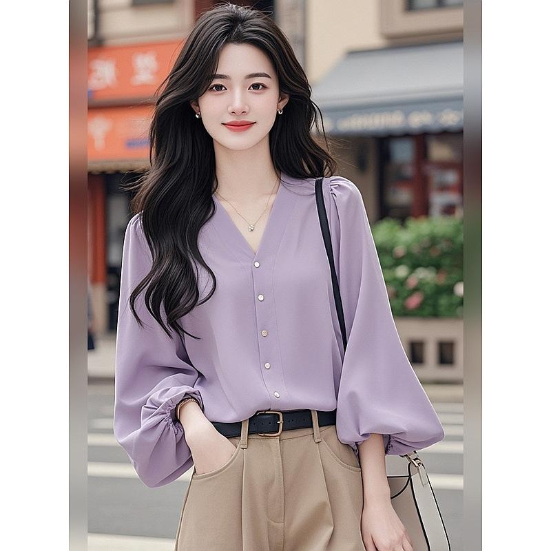Atmospheric Purple Shirt Women's Autumn Clothing New French Gas V-neck Lantern Sleeve Shirt