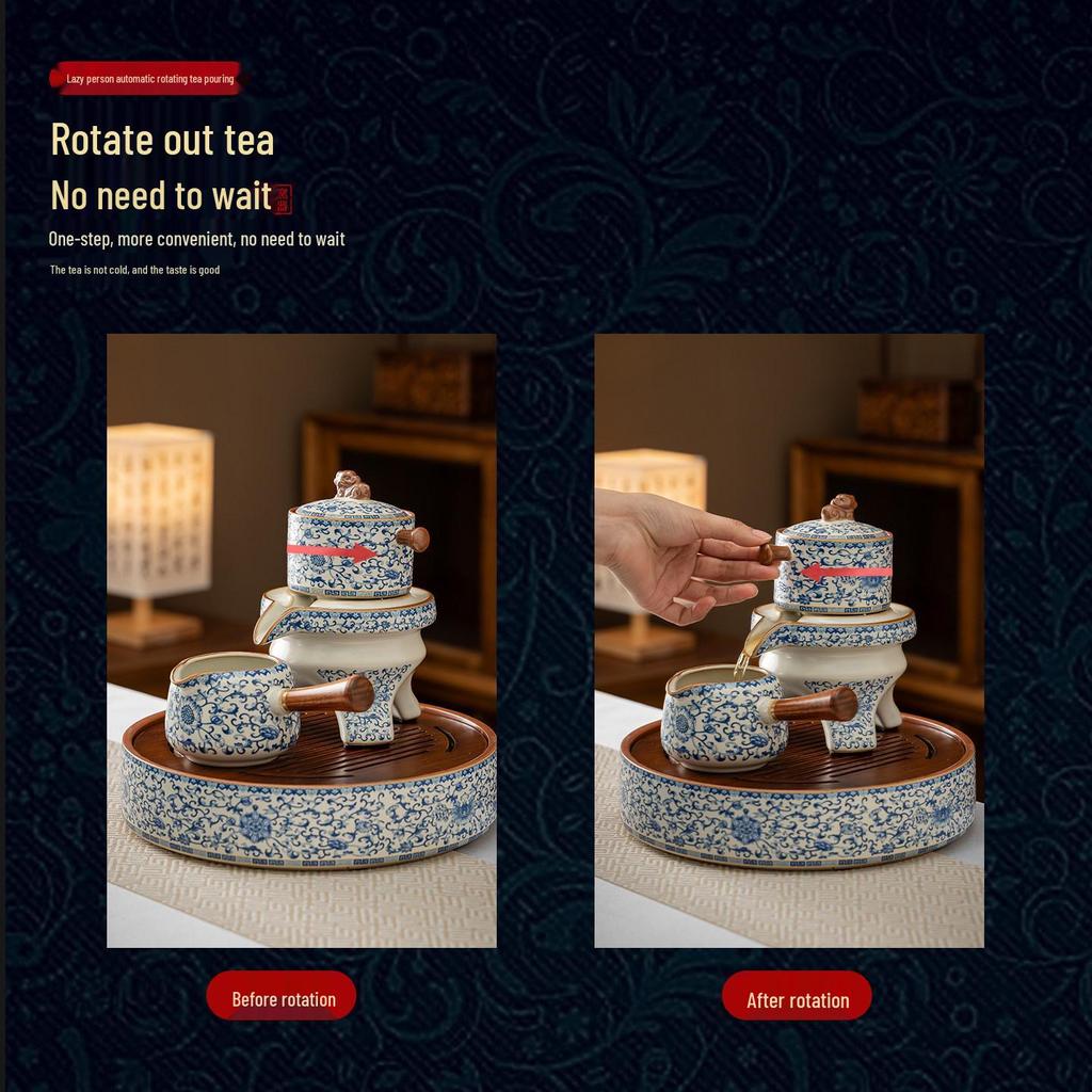 Ru Kiln Blue & White Lotus Luxury Automatic Tea Set - Business Gift for Leaders & Elders