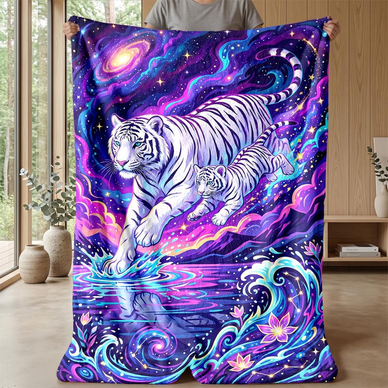 Cosmic Tiger Journey Blanket Personalized Name Flannel Blanket Soft Cozy Plush Throw for Sofa Bed Lightweight Home Decor