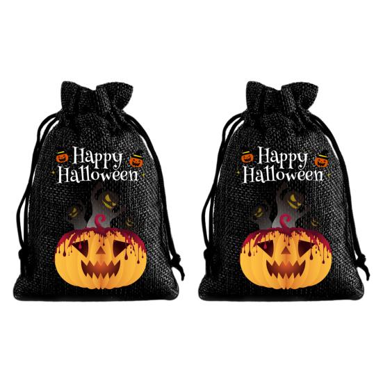 Handmade Style Party Bags 2Pcs Halloween Pumpkin Drawstring for Candy Treats, Retro Burlap Festival Totes Trick or Treat Bags, Portable Goodie