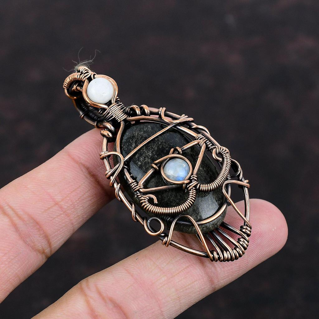 Evil Eye Silver Sheen Obsidian Pendant Rainbow Moonstone Pendant Copper Wire Wrapped Pendant Gemstone Jewelry Handmade Pendant Gift For Him