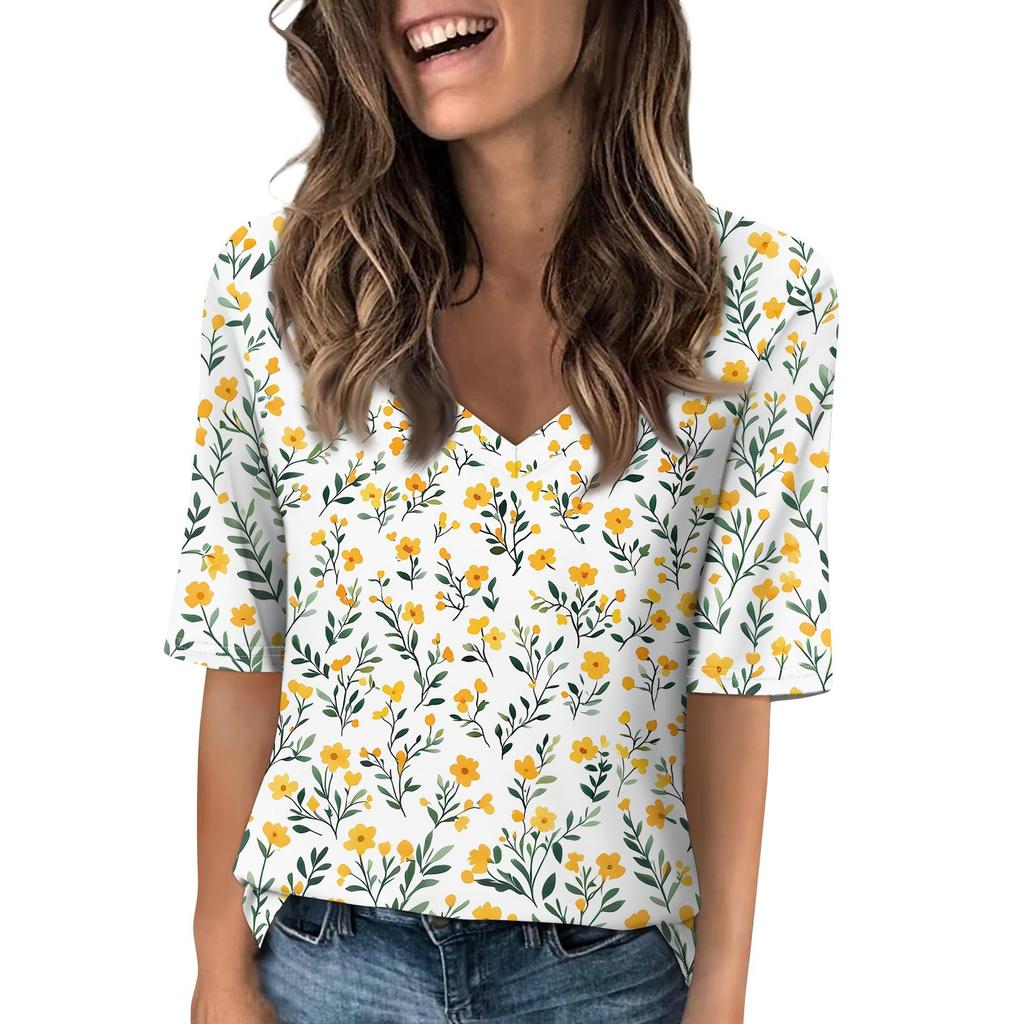Shirts For Women Trendy V Neck T Shirts Casual Printed Blouse Half Sleeve Tops For Women