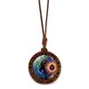 Sun Moon Goddess Time Round Wooden Vintage Brown Wax Rope Jewelry Pendant Necklace