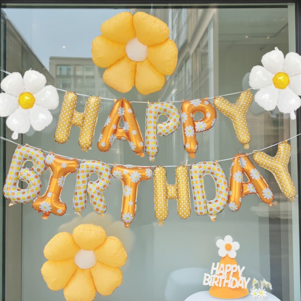 Daisy Flowers Happy Birthday Letter Balloon Flower Aluminum Foil Balloon with Birthday Hat Birthday Party Decoration Supplies