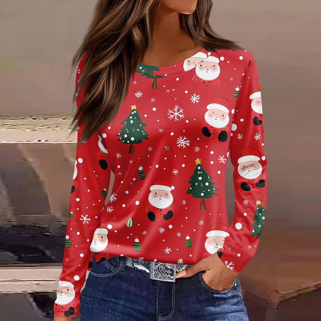 Women's Fashion Casual Slit Hem Round Neck Long Sleeve Loose Christmas Printed T-Shirt Ladies Top