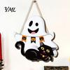 Rustic Autumn Party Decorations Cute White Ghost Wooden Door Hanger Sign with Black Cat BOO Farmhouse Halloween Porch Banner, Waterproof Front Plaque