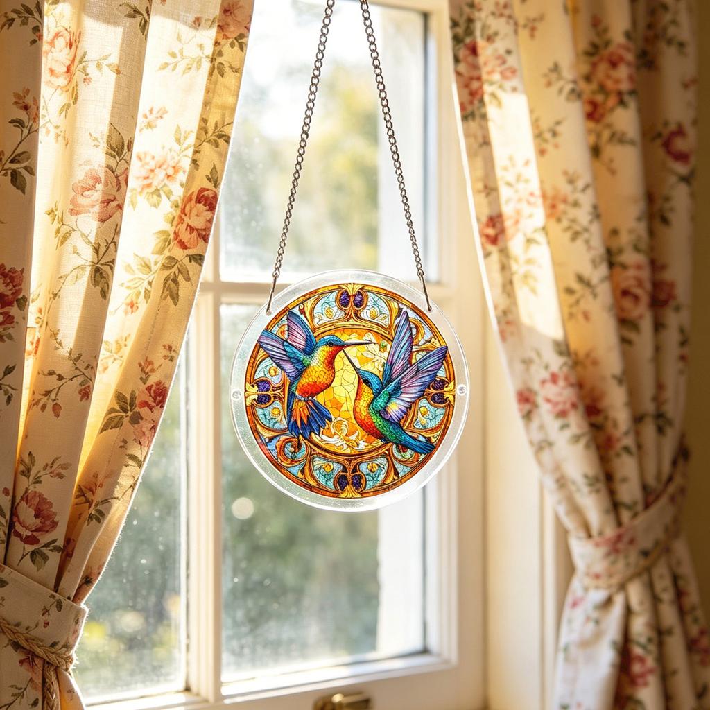 Round Stained Glass Panel with Hummingbird Motif Hanging Suncatcher Window Decoration for Home Office Garden Display