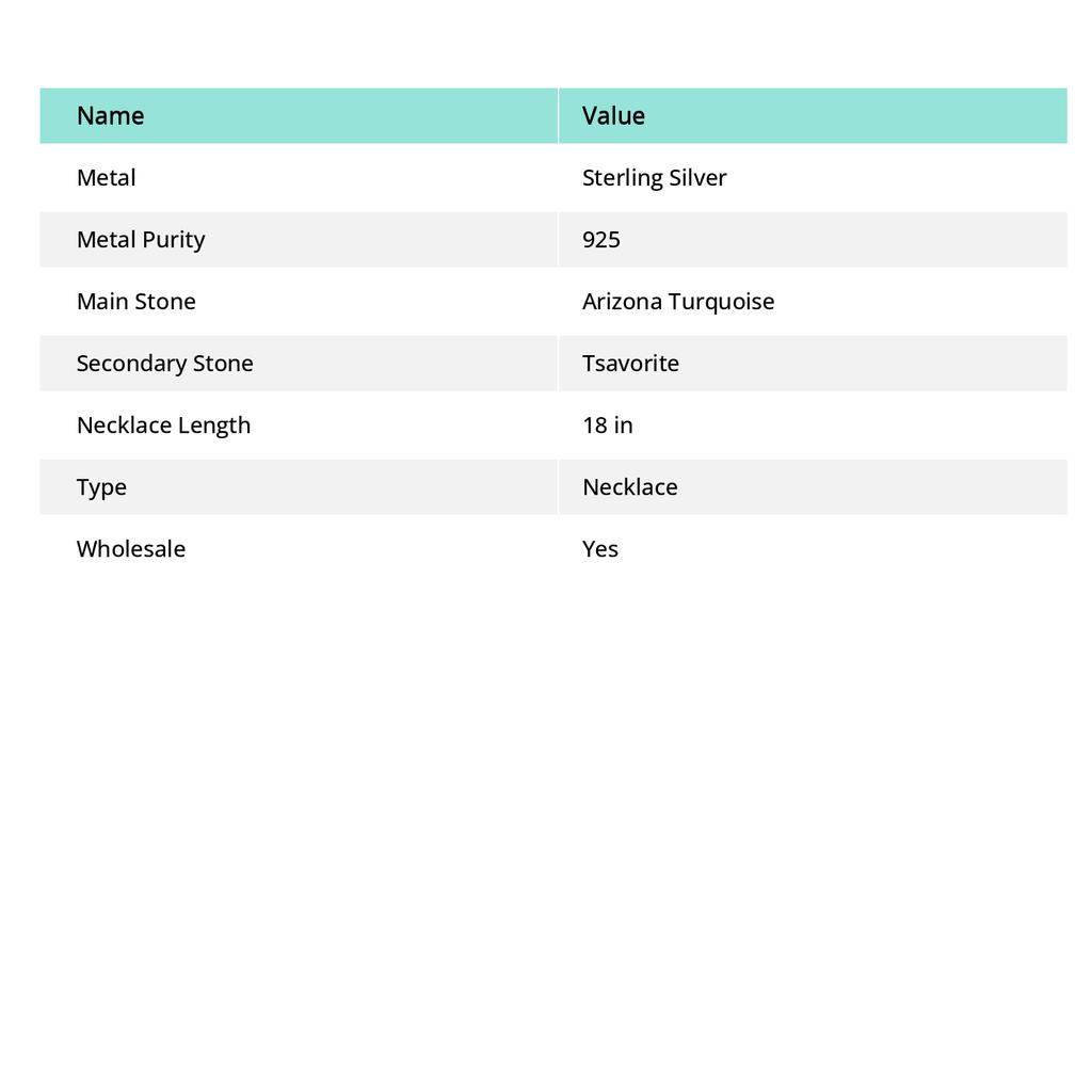 Colier din argint 925 lucrat manual cu turcoaz Arizona și tsavorit, 45 cm, g5K07