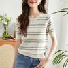 Women's 2026 Striped Ice Silk Knit Top - Summer Slim Fit, Petite, Round Neck, Jacquard Hollow, Short Sleeve.