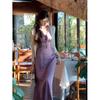 Purple Polka Dot Neck Dress Women's Spring and Summer French Vacation Style Temperament V-neck Waist and Thin Dress