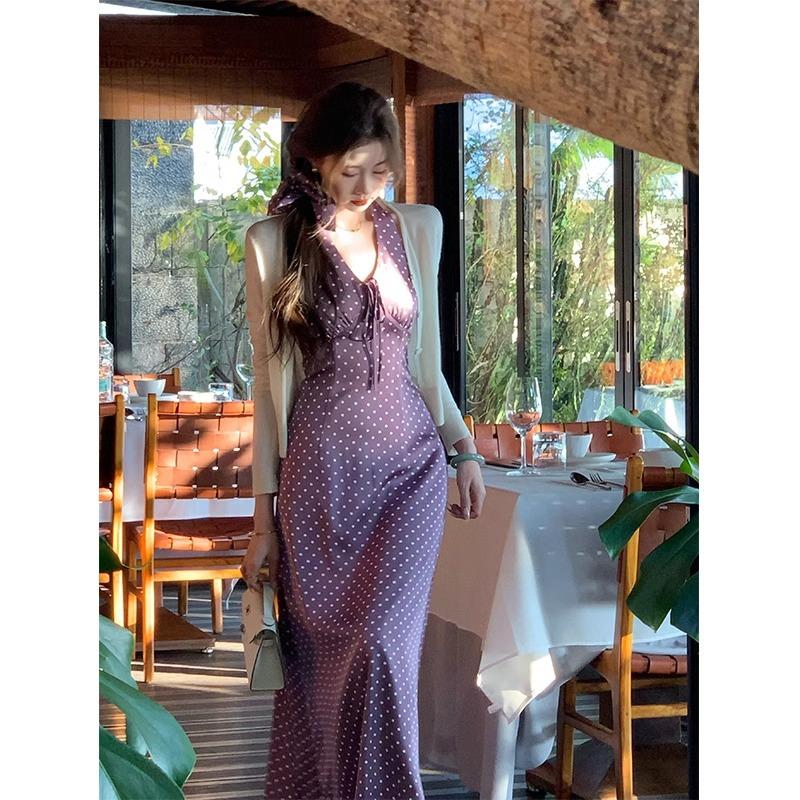 Purple Polka Dot Neck Dress Women's Spring and Summer French Vacation Style Temperament V-neck Waist and Thin Dress