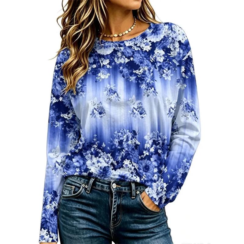 3D Casual Color Printing Casual Long SleeveFashion Women's Crew Neck Long Sleeve Crew Neck T-Shirt
